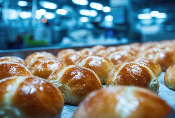 Waste management partner for freshly baked hot cross buns on the production line at an industrial bakery