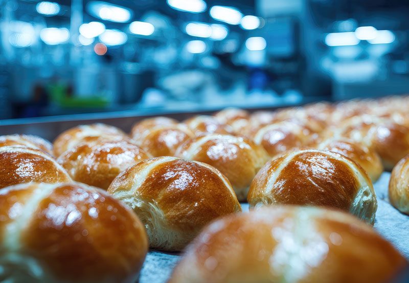 Waste management partner for freshly baked hot cross buns on the production line at an industrial bakery
