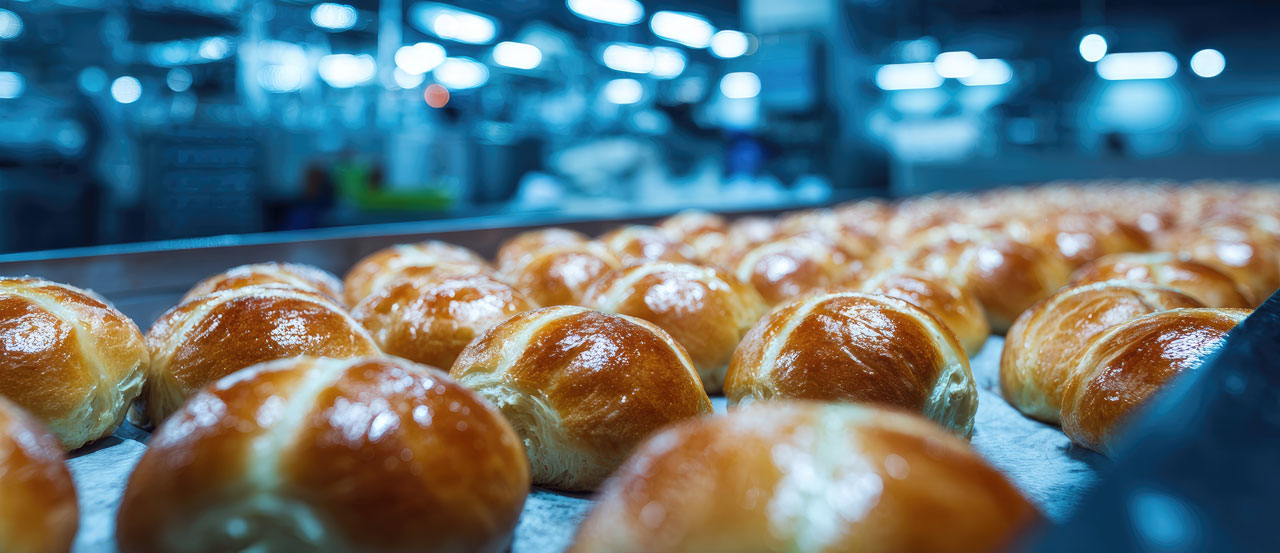 Waste management partner for freshly baked hot cross buns on the production line at an industrial bakery