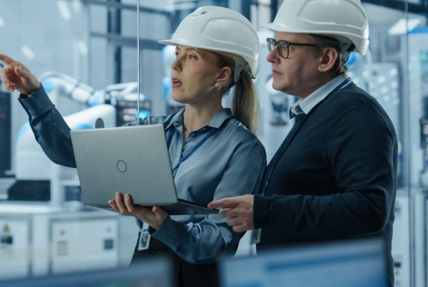 Future of waste management manufacturing engineer and technician in conversation using portal on laptop feature image